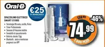 Unieuro Oral-b spazzolino elettrico ricaricabile smart 5 5100s crossaction, 1 bianco manico connesso, 5 modalità tra cui sbiancante,  offerta