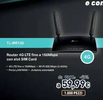 Unieuro Tl-mr150 router wireless banda singola (2.4 ghz) fast ethernet 3g 4g nero offerta