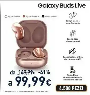Unieuro Galaxy buds live, mystic bronze cuffia auricolare bluetooth bronzo offerta