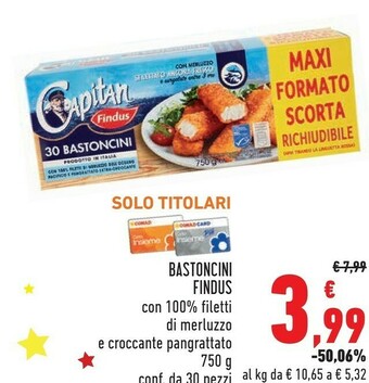 Conad 30 bastoncini con 100% filetti di merluzzo in croccante panatura 750 g(ml) offerta