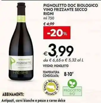 Bennet Pignoletto doc biologico vino frizzante secco righi offerta