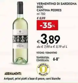 Bennet Vermentino di sardegna doc cantina pedres offerta