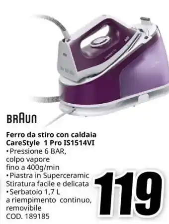 MediaWorld BRAUN Ferro da stiro con caldaia CareStyle 1 Pro IS1514VI offerta