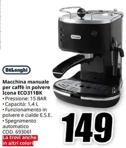 MediaWorld DeLonghi Macchina manuale per caffè in polvere Icona ECO311BK offerta