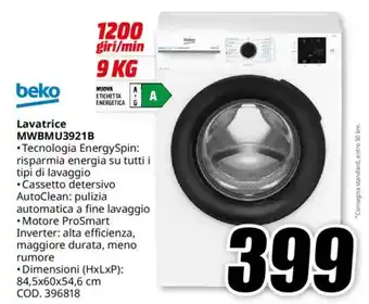 MediaWorld beko Lavatrice MWBMU3921B offerta