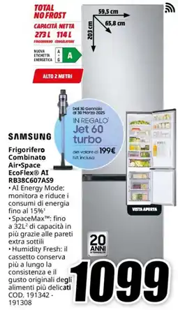 MediaWorld SAMSUNG Frigorifero Combinato Air Space EcoFlex® AI RB38C607AS9 offerta