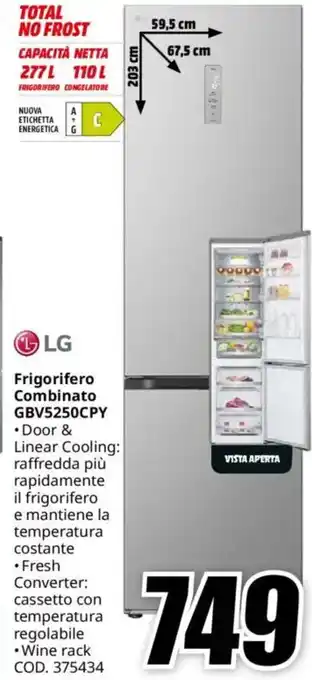 MediaWorld LG Frigorifero Combinato GBV5250CPY offerta