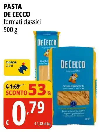 Tigros Pasta DE CECCO formati classici offerta