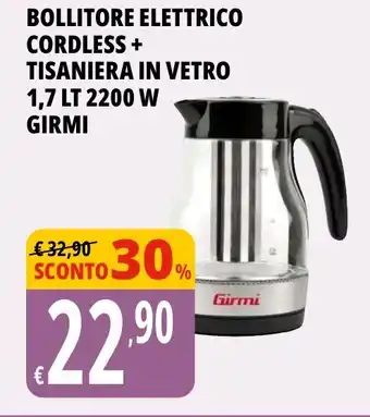 Tigros Bollitore elettrico cordless + tisaniera in vetro 1,7 lt 2200 w GIRMI offerta