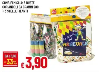 Famila Conf. famiglia: 5 buste coriandoli da grammi 200 + 3 stelle filanti offerta