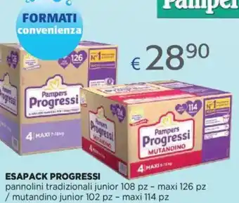 Acqua & Sapone Pampers esapack progressi pannolini tradizionali junior 108 pz - maxi 126 pz / mutandino junior 102 pz - maxi 114 pz offerta