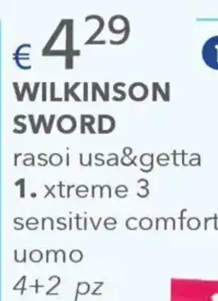 Acqua & Sapone Wilkinson sword rasoi usa&getta 1. xtreme 3 sensitive comfort uomo 4 + 2 pz offerta