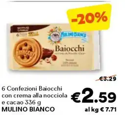 Unes 6 confezioni baiocchi con crema alla nocciola e cacao MULINO BIANCO offerta