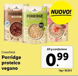 Lidl Crownfield Porridge proteico vegano offerta