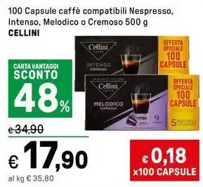 Iper La Grande Caffè compatibili Nespresso, Intenso, Melodico o Cremoso CELLINI offerta