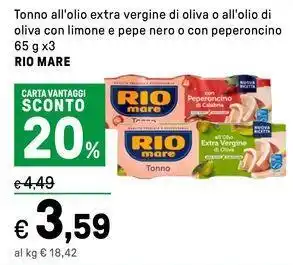 Iper La Grande Tonno all'olio extra vergine di oliva o all'olio di oliva con limone e pepe nero o con peperoncino RIO MARE offerta