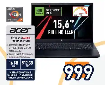 Unieuro acer NITRO V 15 GAMING (ANV15-41-R9MM) offerta