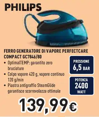 Unieuro PHILIPS FERRO GENERATORE DI VAPORE PERFECTCARE COMPACT GC7846/80 offerta