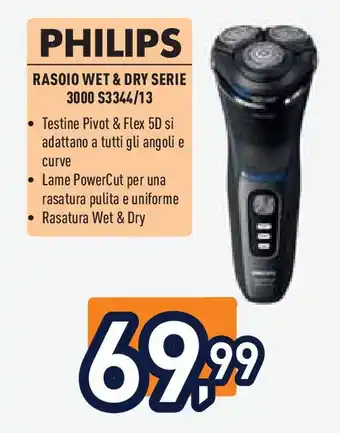 Unieuro PHILIPS RASOIO WET & DRY SERIE 3000 S3344/13 offerta