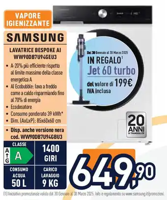 Unieuro SAMSUNG LAVATRICE BESPOKE AI WW90DB7U94GEU3 offerta