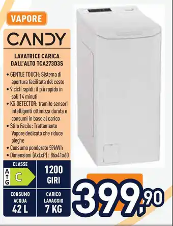 Unieuro CANDY LAVATRICE CARICA DALL'ALTO TCA273D3S offerta