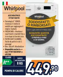 Unieuro Whirlpool ASCIUGATRICE FFTM1182ITR offerta