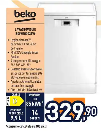 Unieuro beko LAVASTOVIGLIE BDFN15D431W offerta