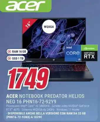 Trony ACER NOTEBOOK PREDATOR HELIOS NEO 16 PHN16-72-92Y9 offerta