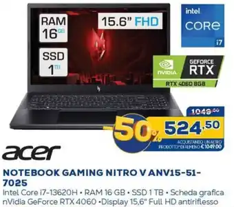 Euronics acer NOTEBOOK GAMING NITRO VANV15-51- 7025 offerta