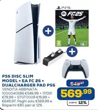 Euronics PS5 DISC SLIM MODEL + EA FC 25+ DUALCHARGER PAD PS5 offerta