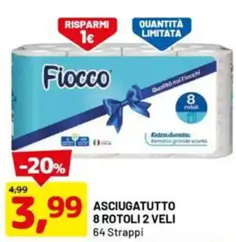 DPiù Fiocco Asciugatutto 8 rotoli 2 veli 64 strappi offerta