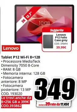 MediaWorld Lenovo Tablet P12 Wi-Fi 8+128 offerta