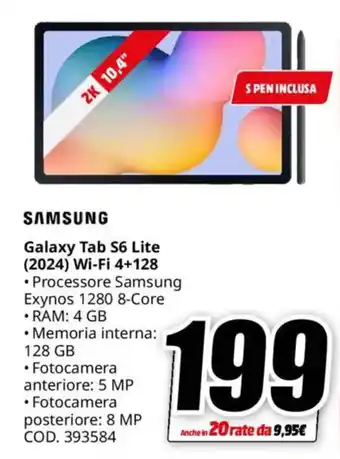 MediaWorld SAMSUNG Galaxy Tab S6 Lite (2024) Wi-Fi 4+128 offerta