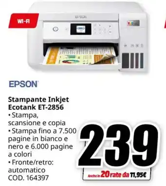 MediaWorld EPSON Stampante Inkjet Ecotank ET-2856 offerta