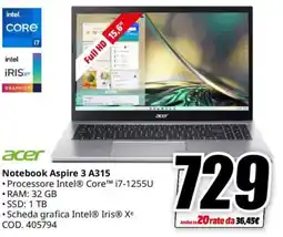 MediaWorld acer Notebook Aspire 3 A315 offerta