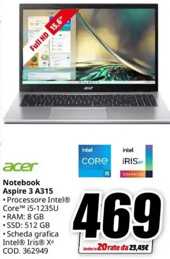 MediaWorld acer Notebook Aspire 3 A315 offerta