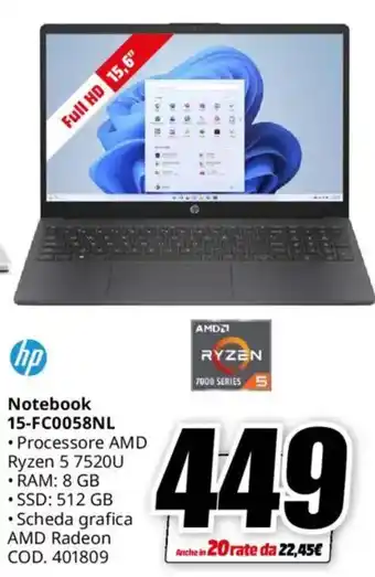 MediaWorld hp Notebook 15-FC0058NL offerta