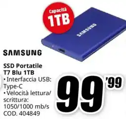 MediaWorld SAMSUNG SSD Portatile T7 Blu 1TB offerta