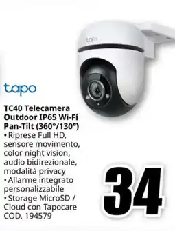 MediaWorld tapo TC40 Telecamera Outdoor IP65 Wi-Fi Pan-Tilt (360°/130°) offerta