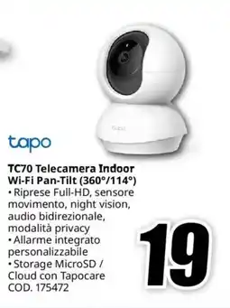 MediaWorld tapo TC70 Telecamera Indoor Wi-Fi Pan-Tilt (360°/114°) offerta