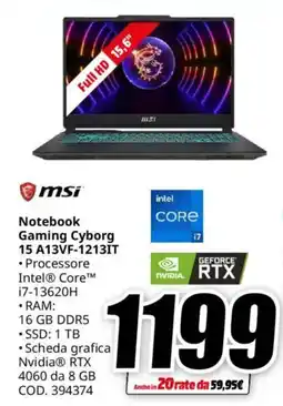 MediaWorld msi Notebook Gaming Cyborg 15 A13VF-1213IT offerta