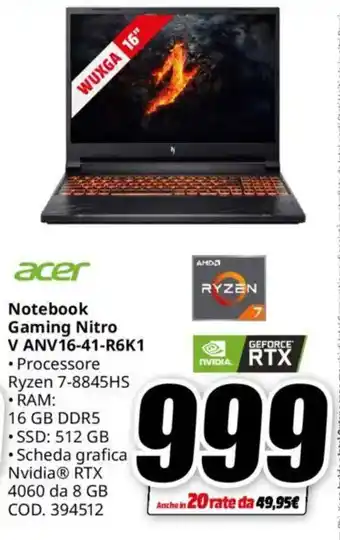 MediaWorld acer Notebook Gaming Nitro V ANV16-41-R6K1 offerta