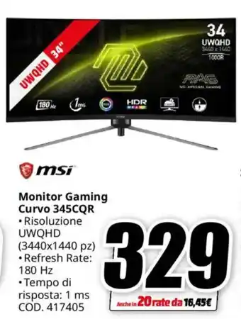 MediaWorld msi Monitor Gaming Curvo 345CQR offerta