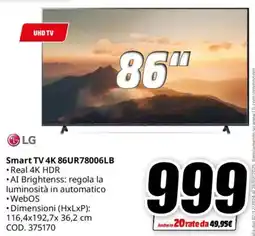 MediaWorld LG Smart TV 4K 86UR78006LB offerta