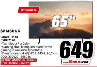 MediaWorld SAMSUNG Smart TV 4K 65DU7170 offerta