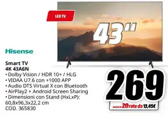 MediaWorld Hisense Smart TV 4K 43A6N offerta