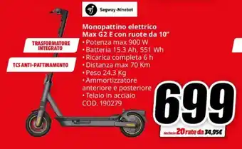 MediaWorld Segway-Ninebot Monopattino elettrico Max G2 E con ruote da 10" offerta