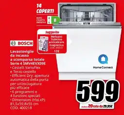 MediaWorld BOSCH Lavastoviglie da incasso a scomparsa totale Serie 4 SMV4EVX09E offerta