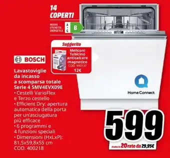 MediaWorld BOSCH Lavastoviglie da incasso a scomparsa totale Serie 4 SMV4EVX09E offerta