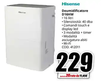 MediaWorld Hisense Deumidificatore D16HW offerta